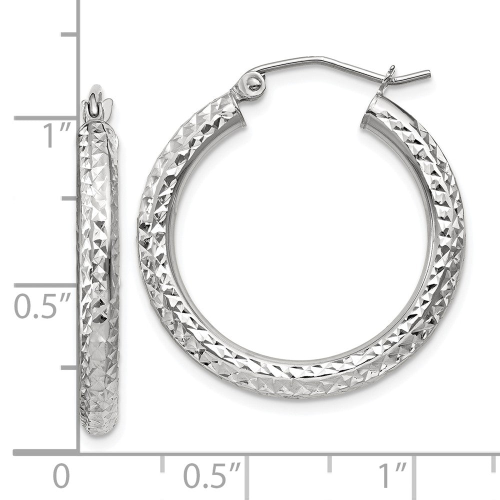 10K White Gold Diamond-cut 3mm Round Hoop Earrings
