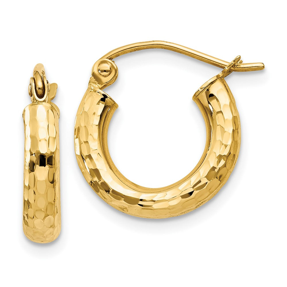 10K Yellow Gold Diamond-cut 3mm Round Hoop Earrings