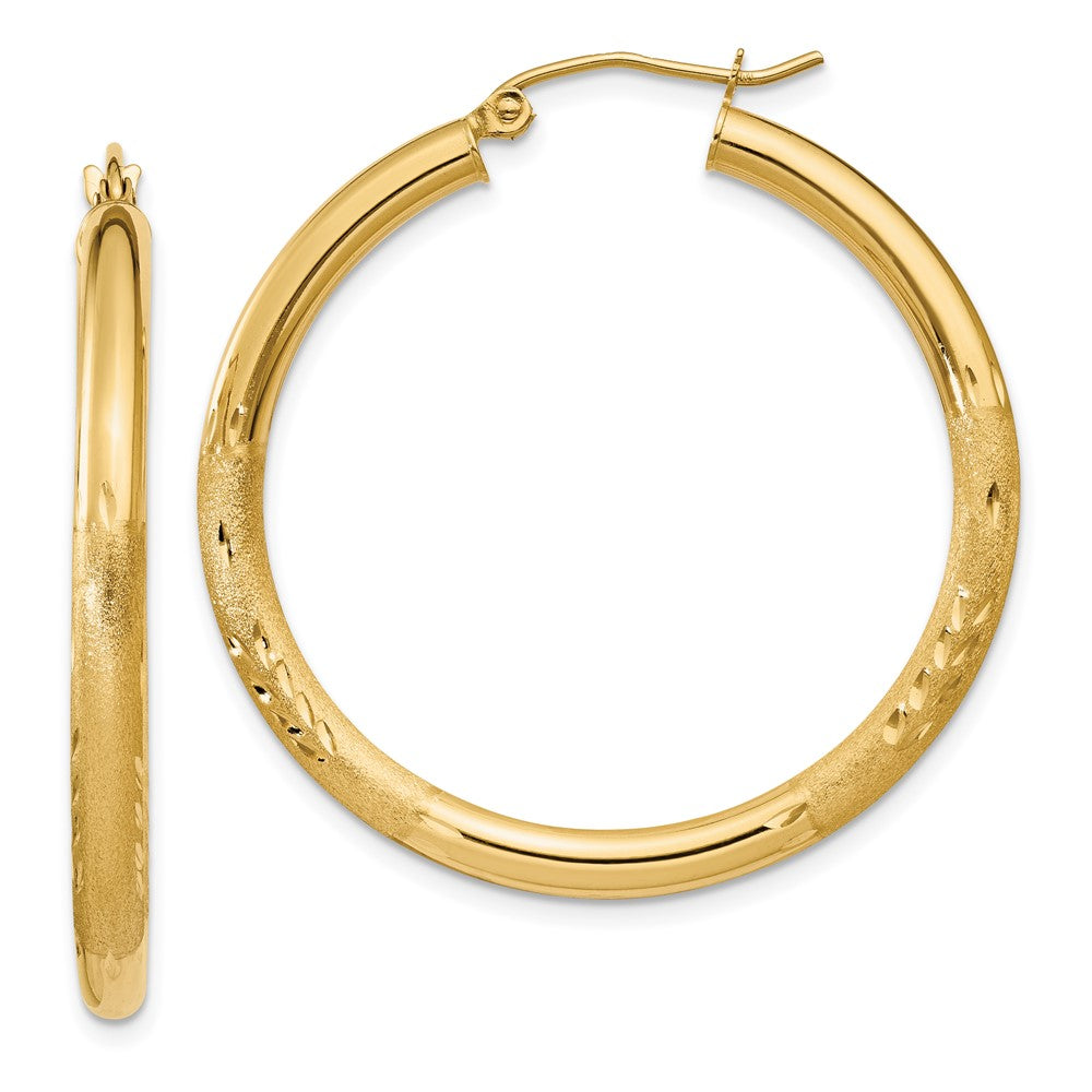 10K Yellow Gold Satin & Diamond-cut 3mm Round Hoop Earrings