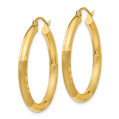 10K Yellow Gold Satin & Diamond-cut 3mm Round Hoop Earrings