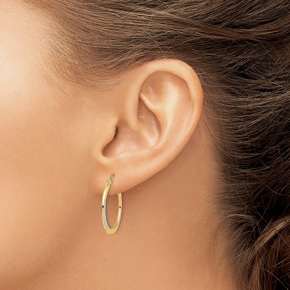 10K Tri-Color Gold Diamond-cut 2.5x25mm Hoop Earrings
