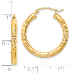 10K Yellow Gold Diamond-cut 3x25mm Hollow Tube Hoop Earrings