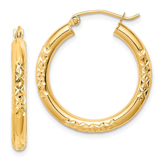 10K Yellow Gold Diamond-cut 3x25mm Hollow Tube Hoop Earrings