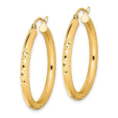 10K Yellow Gold Diamond-cut 3x30mm Hollow Tube Hoop Earrings