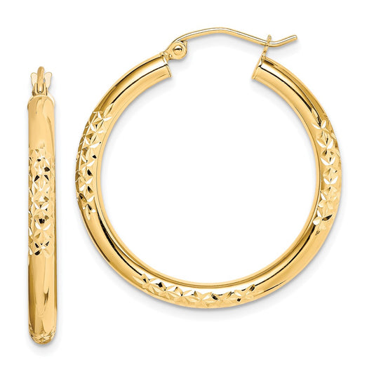 10K Yellow Gold Diamond-cut 3x30mm Hollow Tube Hoop Earrings