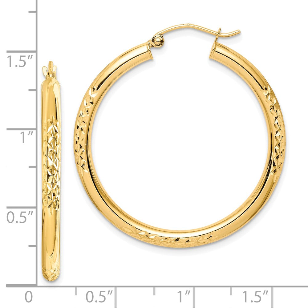 10K Yellow Gold Diamond-cut 3x35mm Hollow Tube Hoop Earrings