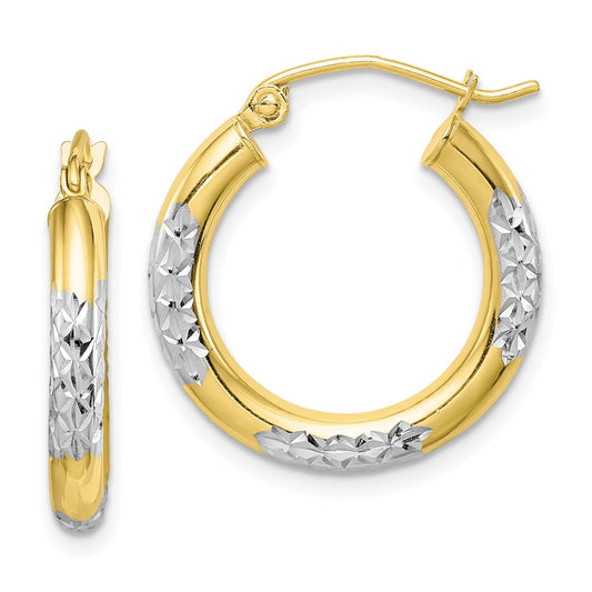 10K Yellow Gold & Rhodium Diamond-cut 3mm Hoop Earrings