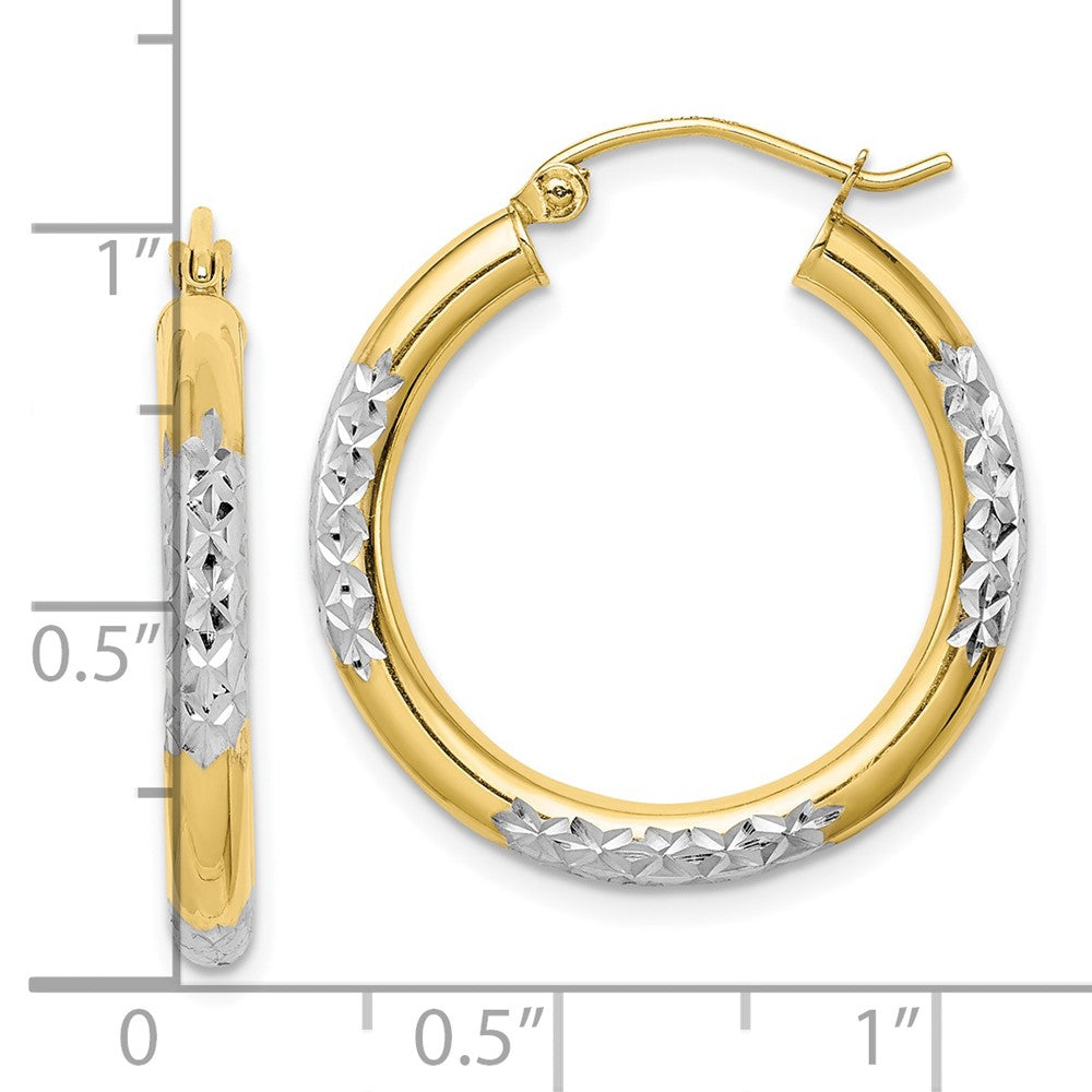 10K Yellow Gold & Rhodium Diamond-cut 3mm Hoop Earrings