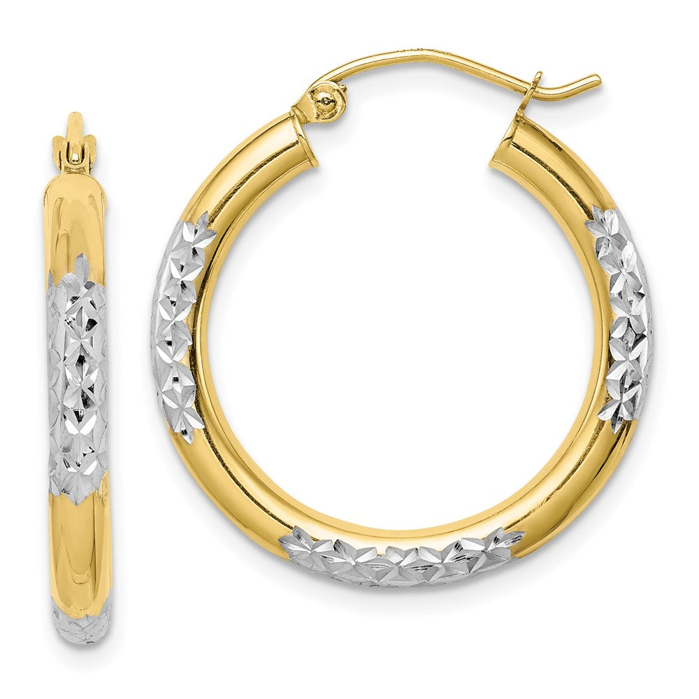 10K Yellow Gold & Rhodium Diamond-cut 3mm Hoop Earrings