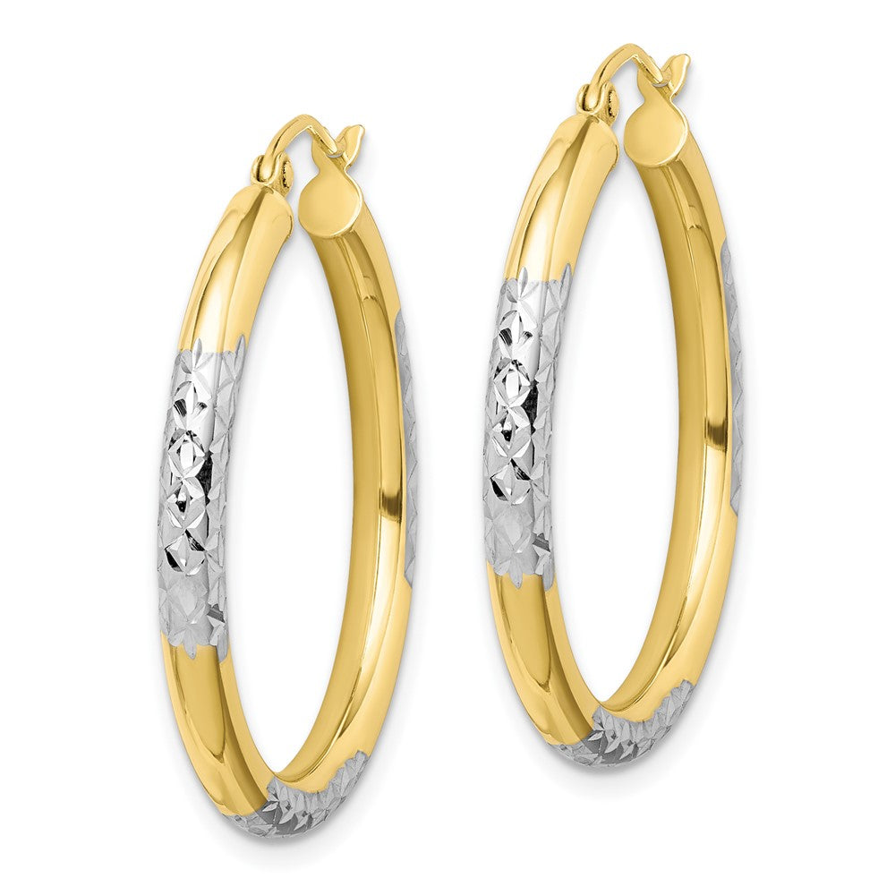 10K Yellow Gold & Rhodium Diamond-cut 3mm Hoop Earrings