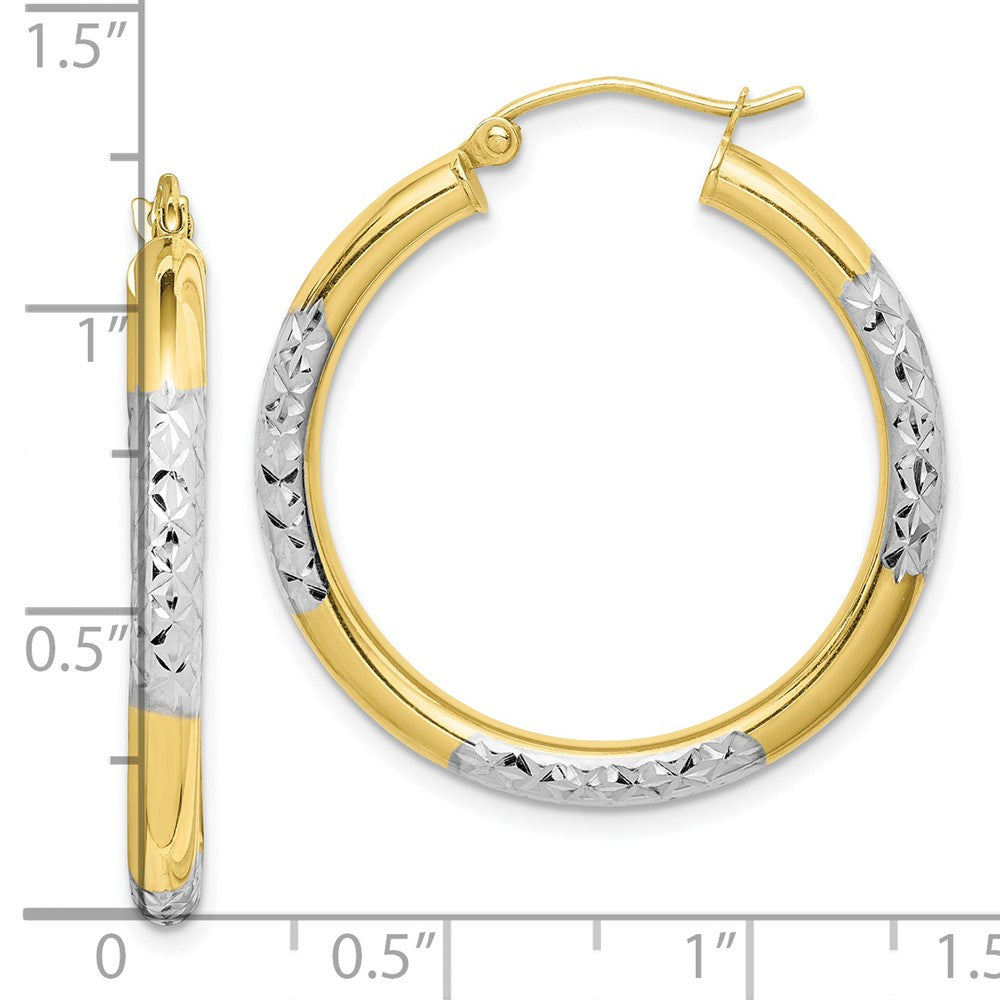 10K Yellow Gold & Rhodium Diamond-cut 3mm Hoop Earrings