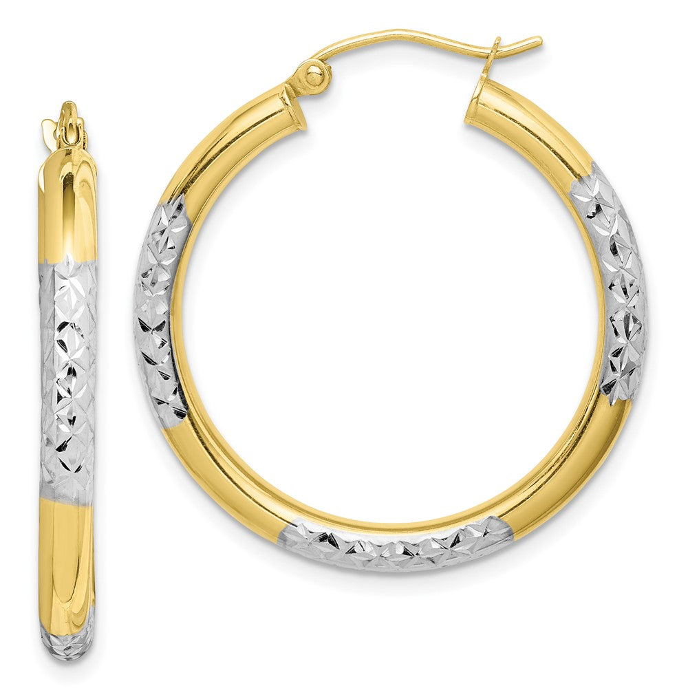 10K Yellow Gold & Rhodium Diamond-cut 3mm Hoop Earrings