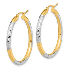 10K Yellow Gold & Rhodium Diamond-cut 3mm Hoop Earrings