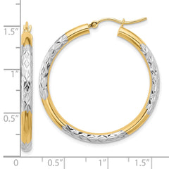 10K Yellow Gold & Rhodium Diamond-cut 3mm Hoop Earrings