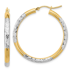 10K Yellow Gold & Rhodium Diamond-cut 3mm Hoop Earrings