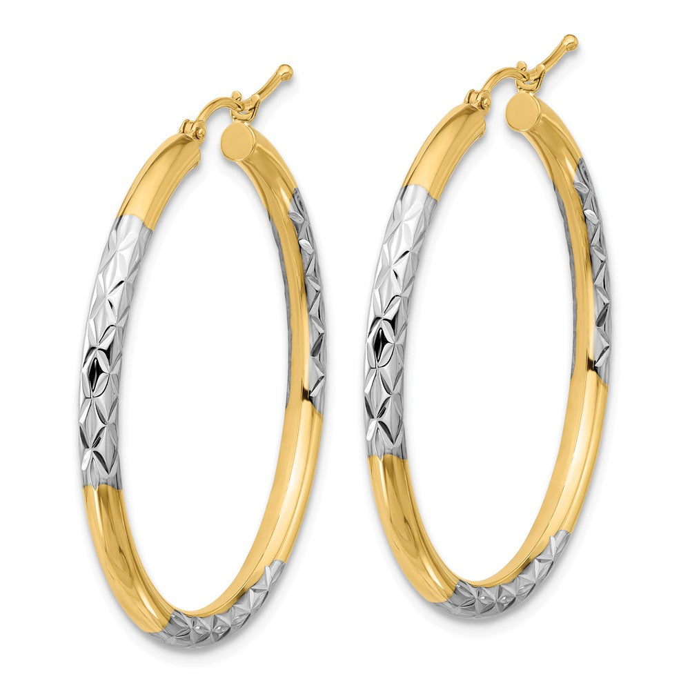 10K Yellow Gold & Rhodium Diamond-cut 3mm Hoop Earrings