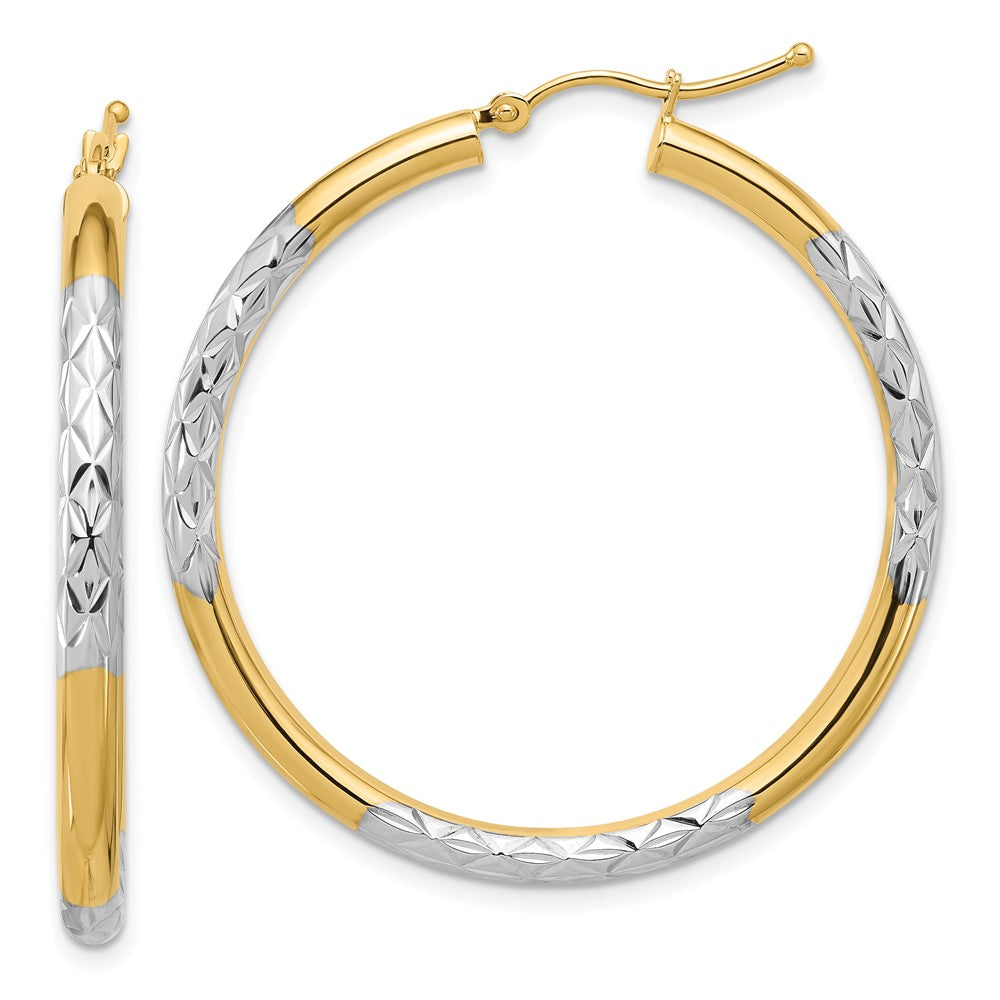 10K Yellow Gold & Rhodium Diamond-cut 3mm Hoop Earrings