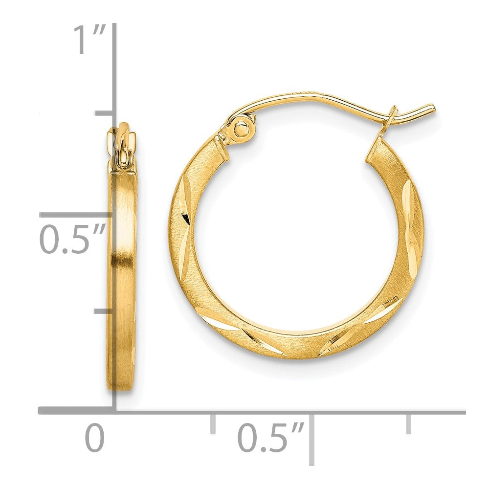 10K Yellow Gold Satin Diamond-cut 2x20mm Hoop Earrings