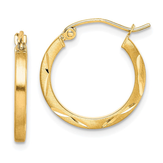 10K Yellow Gold Satin Diamond-cut 2x20mm Hoop Earrings