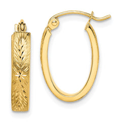 10K Yellow Gold Brushed Diamond-cut Oval Hoop Earrings