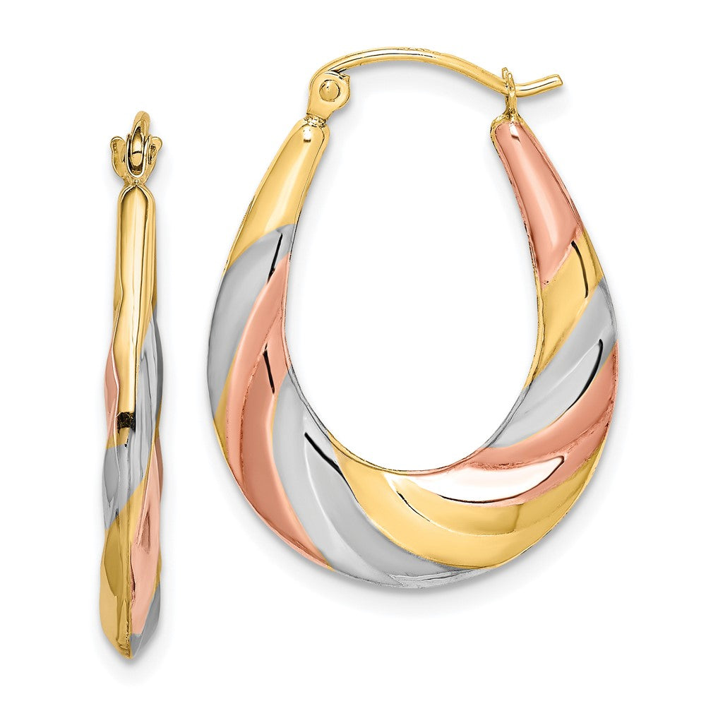 10K Yellow Gold & Rhodium Oval Scalloped Hollow Hoop Earrings