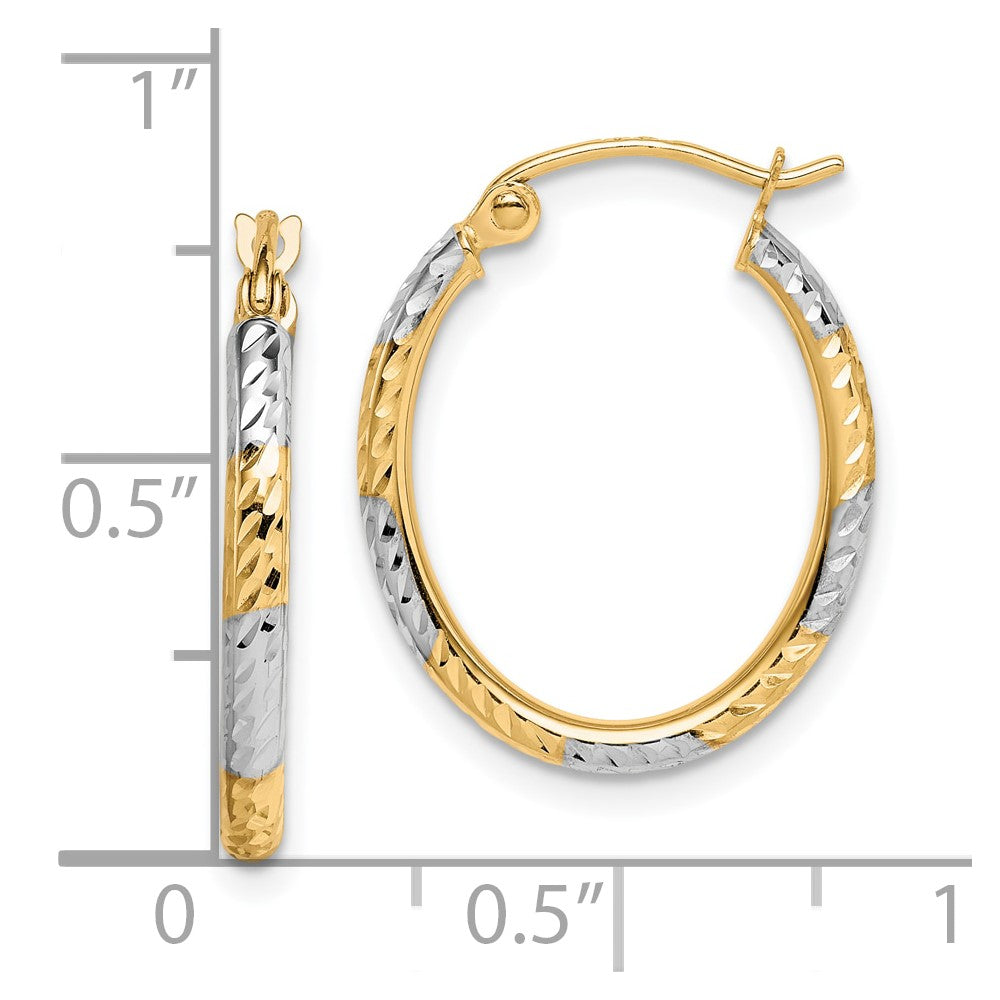 10K Yellow Gold & Rhodium Diamond-cut Patterned Oval Hoop Earrings