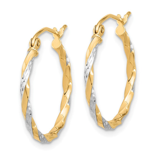 10K Yellow Gold & Rhodium Hollow Twisted Hoop Earrings