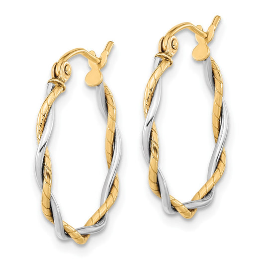 10K Two-Tone Gold Polished 1.8mm Twisted Hoop Earrings