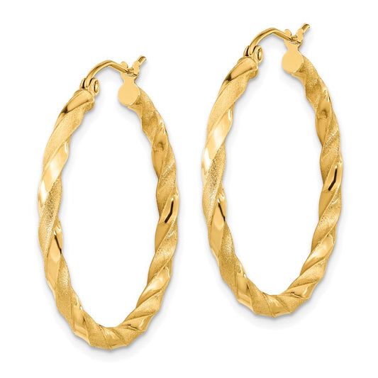 10K Yellow Gold Polished & Satin Twisted Hoop Earrings