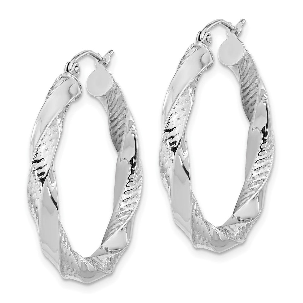 10K White Gold Polished & Textured Twist Hoop Earrings