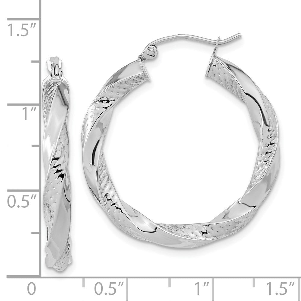 10K White Gold Polished & Textured Twist Hoop Earrings