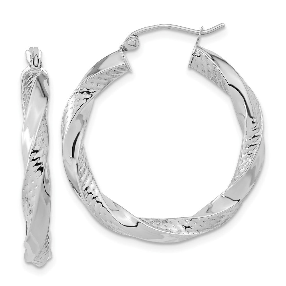 10K White Gold Polished & Textured Twist Hoop Earrings