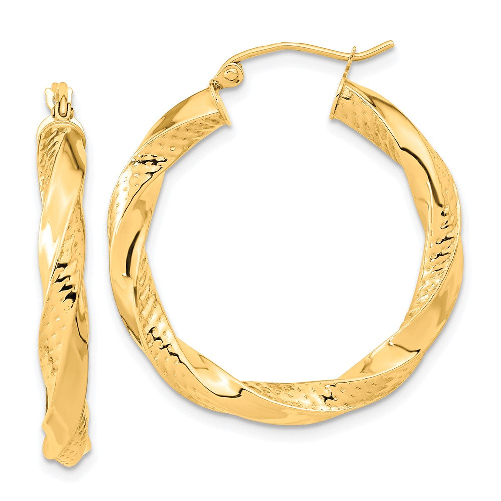 10K Yellow Gold Polished & Textured Twist Hoop Earrings