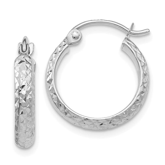 10K White Gold Diamond-cut 2.8x15mm Hollow Hoop Earrings