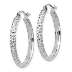 10K White Gold Diamond-cut 2.8x25mm Hollow Hoop Earrings