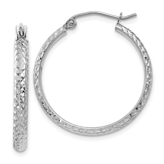 10K White Gold Diamond-cut 2.8x25mm Hollow Hoop Earrings