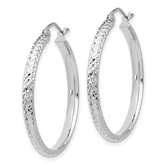 10K White Gold Diamond-cut 2.8x30mm Hollow Hoop Earrings