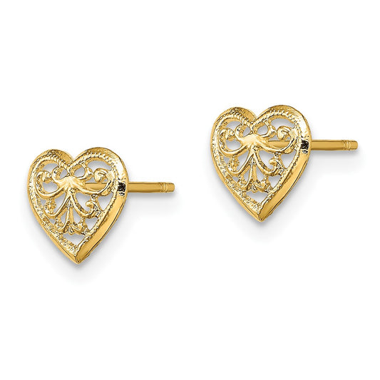 10K Yellow Gold Filigree Heart Post Earrings