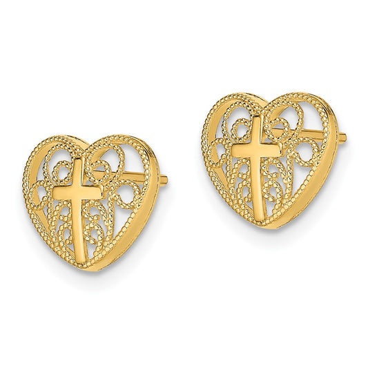 10K Yellow Gold Heart with Cross Post Earrings