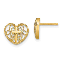 10K Yellow Gold Heart with Cross Post Earrings