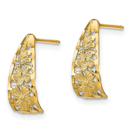 10K Yellow Gold Diamond-cut Flower J-Hoop Post Earrings