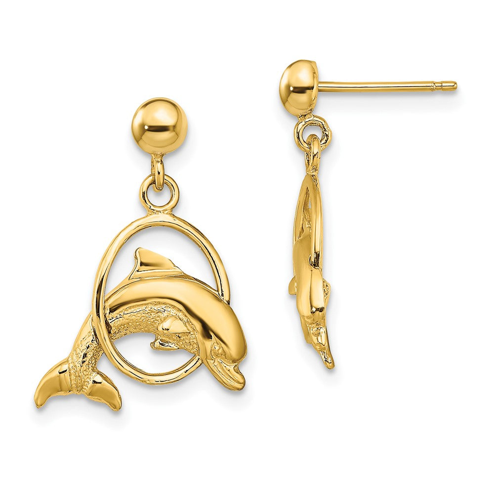 10K Yellow Gold Polished Dolphin Jumping Through Hoop Earrings