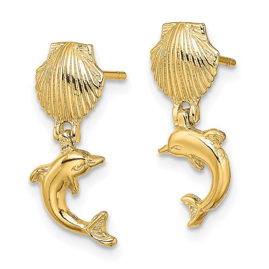 10K Yellow Gold Dolphin Dangle From Mini Scallop Earrings