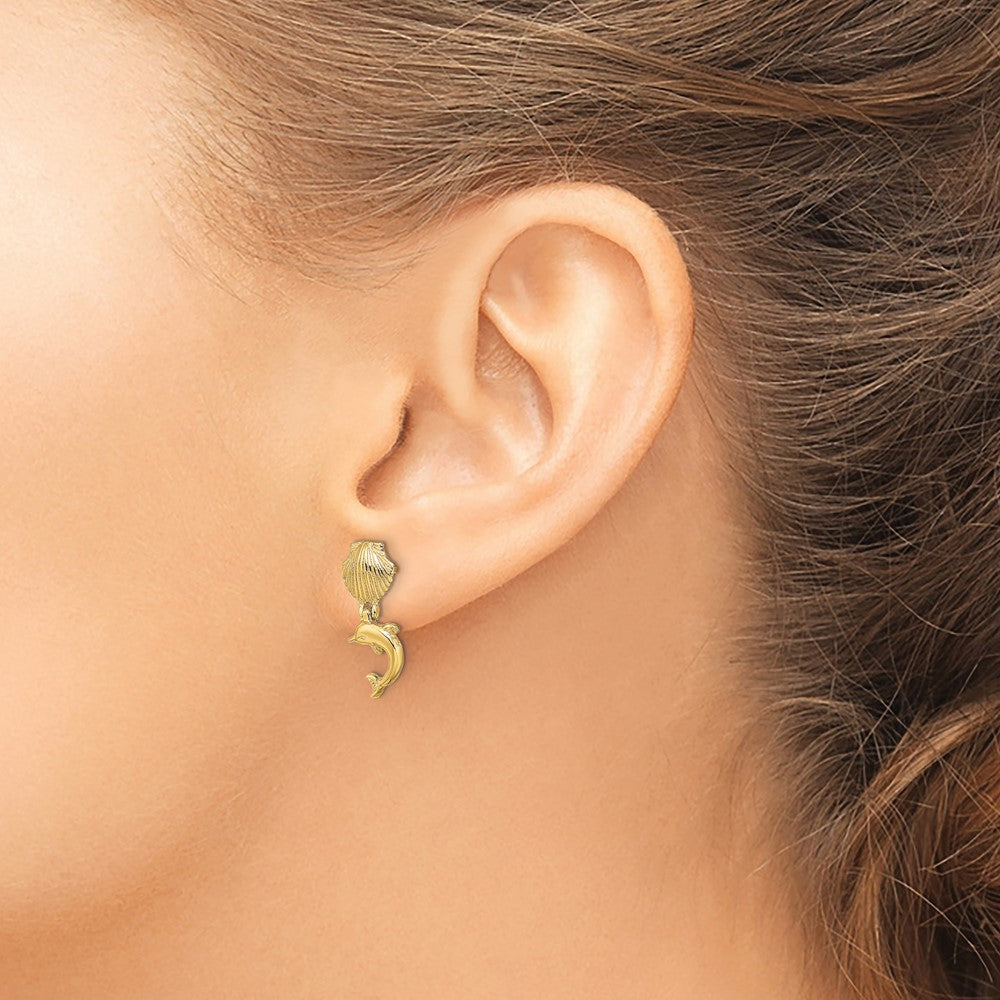 10K Yellow Gold Dolphin Dangle From Mini Scallop Earrings