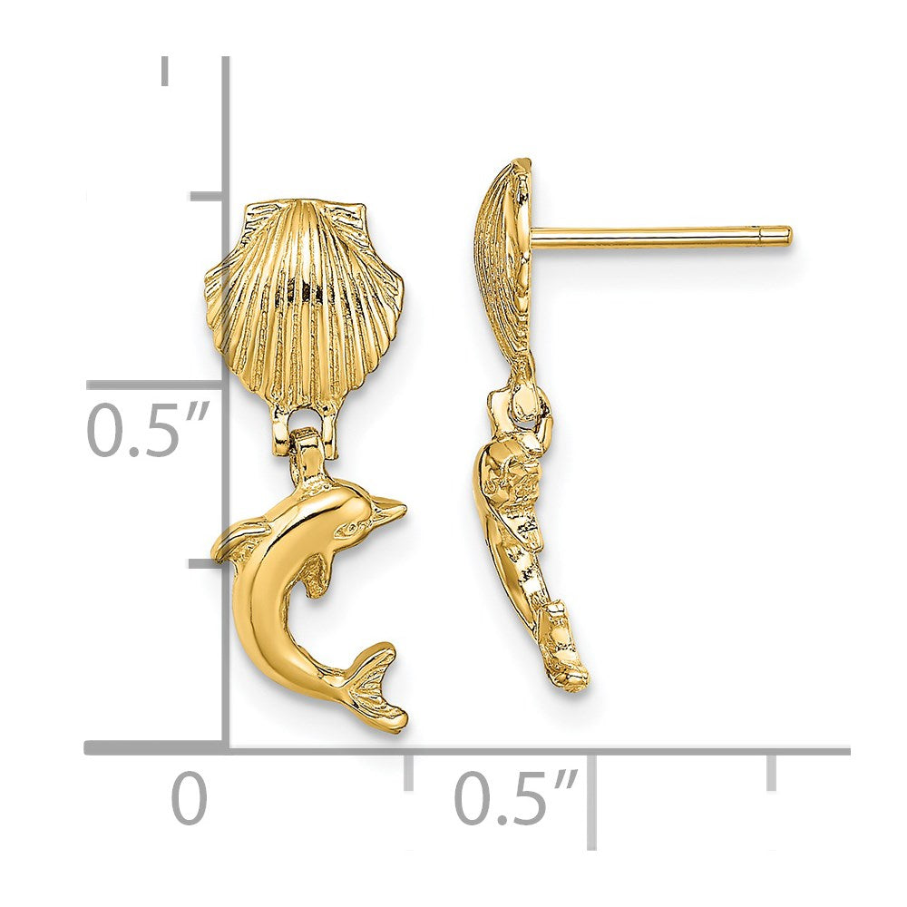 10K Yellow Gold Dolphin Dangle From Mini Scallop Earrings