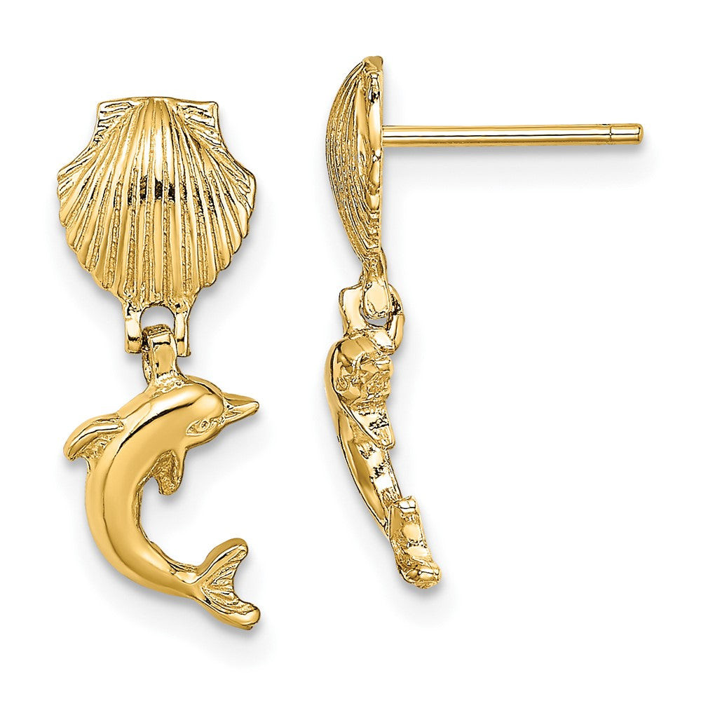 10K Yellow Gold Dolphin Dangle From Mini Scallop Earrings