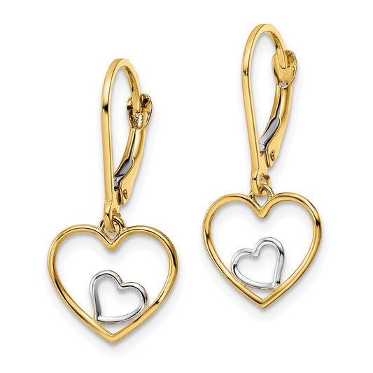 10K Yellow Gold & Rhodium Heart in Heart Leverback Dangle Earrings