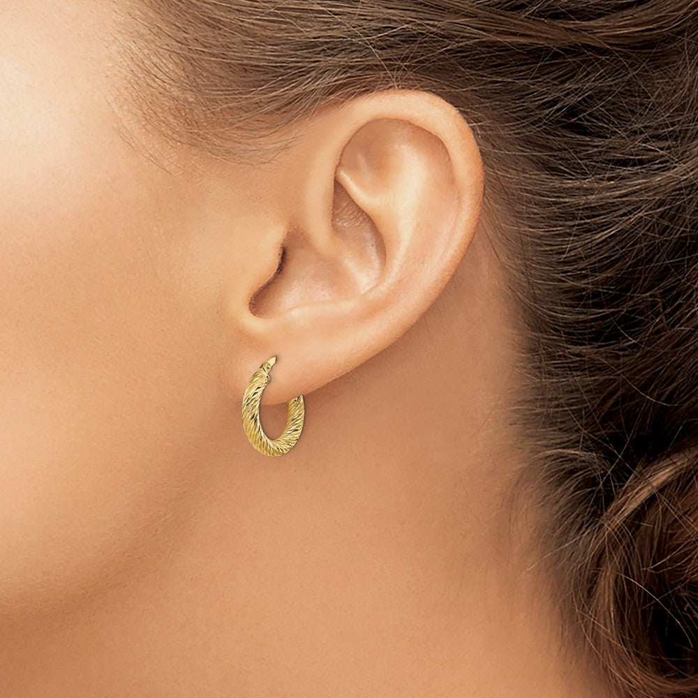 10K Yellow Gold 3x10 Diamond-cut Round Hoop Earrings