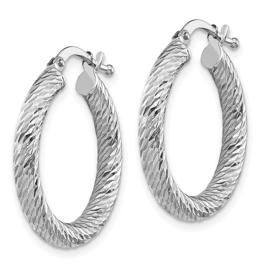 10K White Gold 3x10 Diamond-cut Round Hoop Earrings