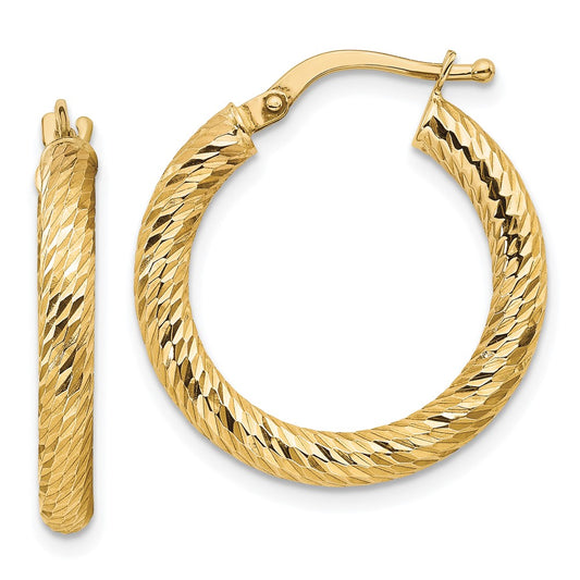 10K Yellow Gold 3x15 Diamond-cut Round Hoop Earrings